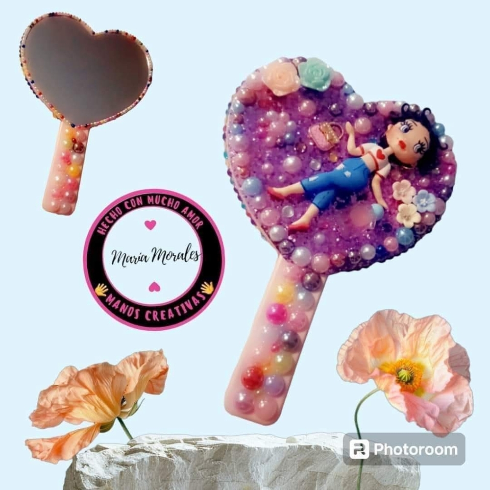 Heart-Shaped Hand Mirror with Doll Design